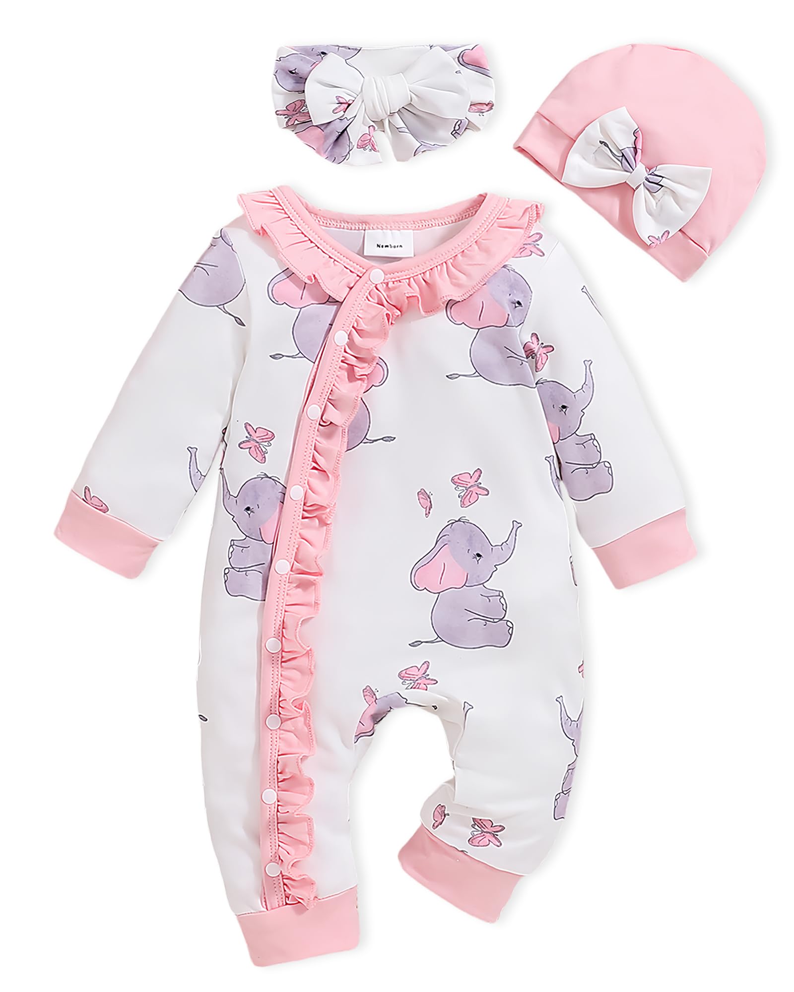 Photo 1 of 0-3 Months Baby Girl Clothes Newborn Infant Girl Fall Winter Outfits Coming Home Casual Clothes Set Pink Elephant Design New Born Essentials 3Pc Hat Headband Pink