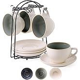 SIDUCAL Stackable Cappuccino Cup Set of 4 [8oz] Ceramic Coffee Cups with Saucers and Cup Holder,Microwave/Dishwasher Safe,Espresso Demitasse Cups(Green)