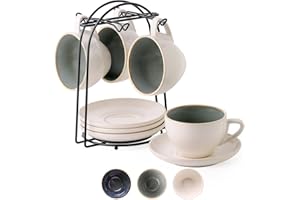 SIDUCAL Stackable Cappuccino Cup Set of 4 [8oz] Ceramic Coffee Cups with Saucers and Cup Holder,Microwave/Dishwasher Safe,Esp