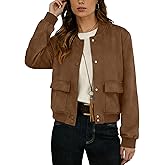 GRECERELLE Womens Faux Suede Leather Bomber Jacket Cropped Button Down Long Sleeve Casual Varsity Baseball With Pockets