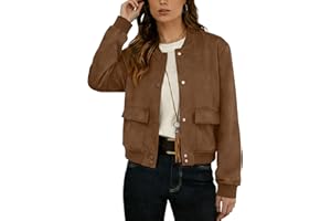 GRECERELLE Womens Faux Suede Leather Bomber Jacket Cropped Button Down Long Sleeve Casual Varsity Baseball With Pockets