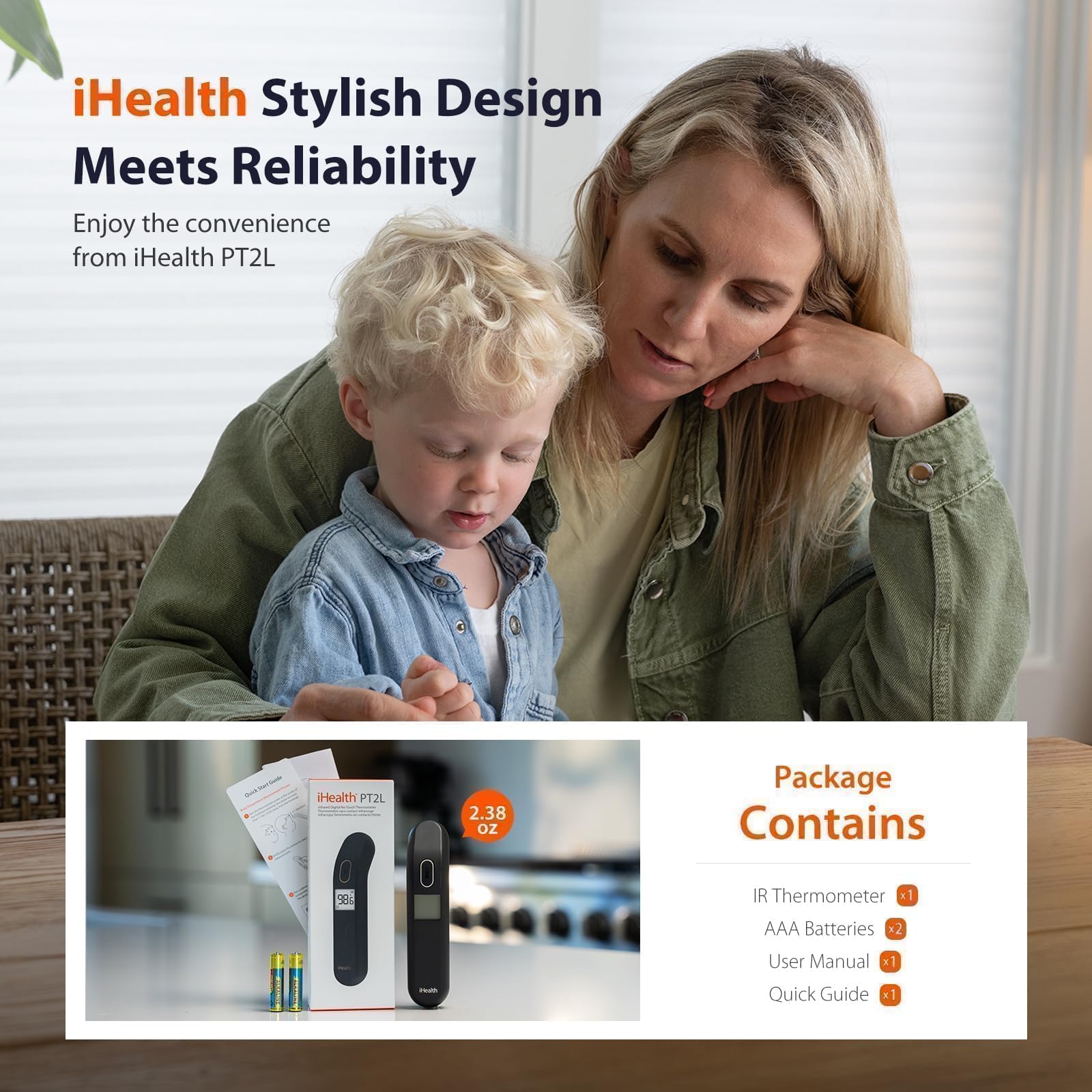 iHealth Touchless Thermometer for Adults and Kids, Color-Coded Alert & Silent Mode, 1-Second Accurate Fever Check, Portable for Home, Travel Use - PT2L Black