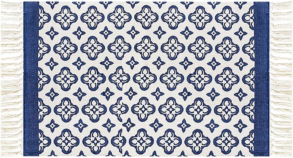 Ukeler Laundry Room Rug/Kitchen Rugs, Home Tassels Decor Washable Blue Floral Cotton Rug Handmade Floor Rugs for Laundry/Bathroom/Entry, 23.6''x51.2''