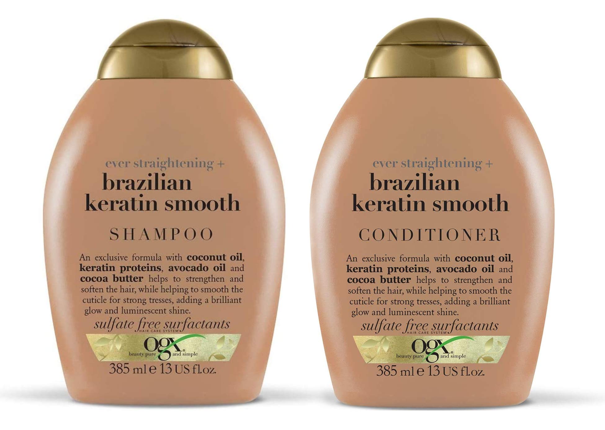 ogx® (formerly Organix) ‘Ever Straight Brazilian Keratin’ smoothing shampoo 385 ml with conditioner 385 ml – for longer lasting style for wavy and curly hair