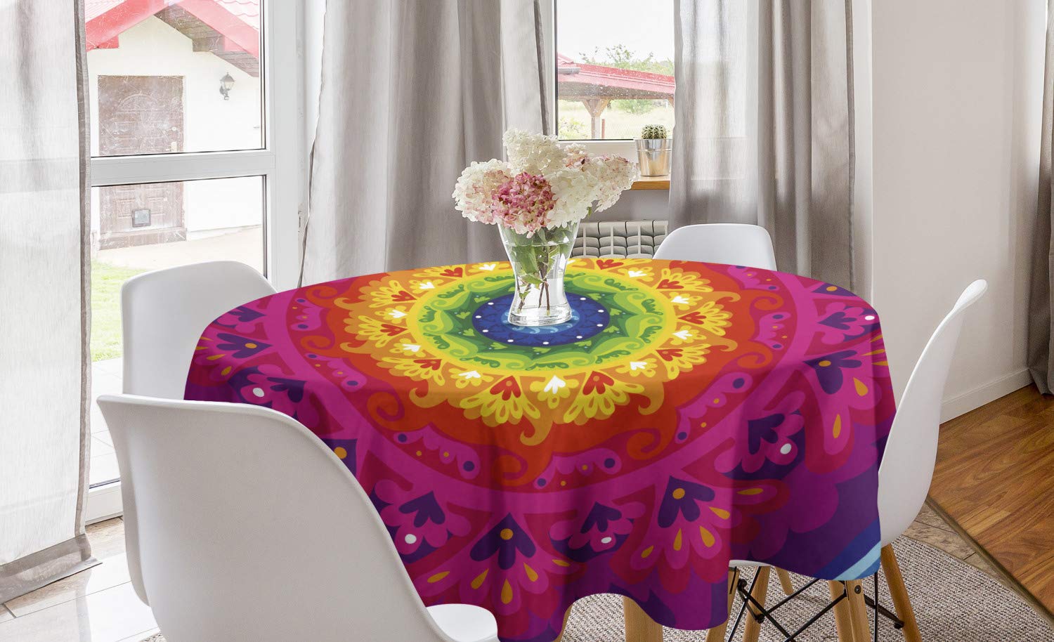 ABAKUHAUS Purple Mandala Round Tablecloth, Hippie Circular Rainbow Spiral Inside Hipster Artwork, Circle Table Cloth Cover for Dining Room Kitchen Decoration, 60", Multicolor