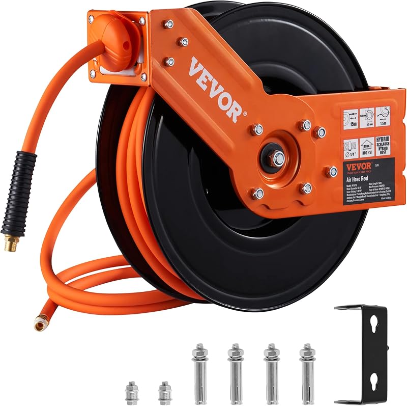 VEVOR 3/8" x 50FT Hybrid Air Hose Reel 300PSI Single Arm Steel Wall Mount