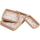BROWNLILY Rattan Tray 3 Pcs with Mother of Pearl Inlay, Decorative Wicker Serving Tray for Bread Fruit Tea with Wooden Base, Boho Coastal Home Decor Baskets for Counter Decor & Organization (Scale)