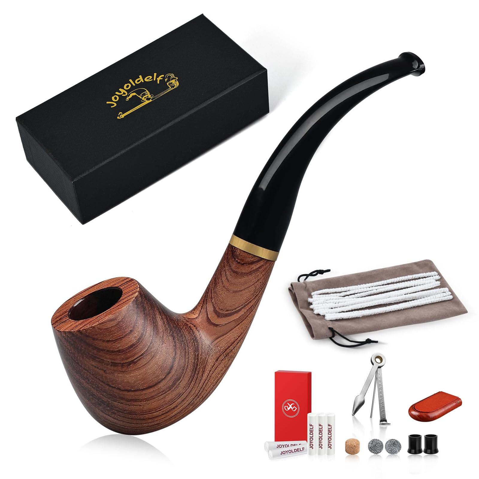 Tubería de fumar Joyoldelf, tubería de tabaco de madera con caja de regalo, tuberías de tabaco de palo de rosa para fumar con soporte de tubería, filtro de tubería de 9 mm, raspador de tuberías 3 en 1 y accesorios para fumar