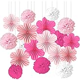 GUSDYIT 18PCS Paper Fans Party Decorations, Pink and White Hanging Paper Flowers for Wedding Birthday Baby Shower