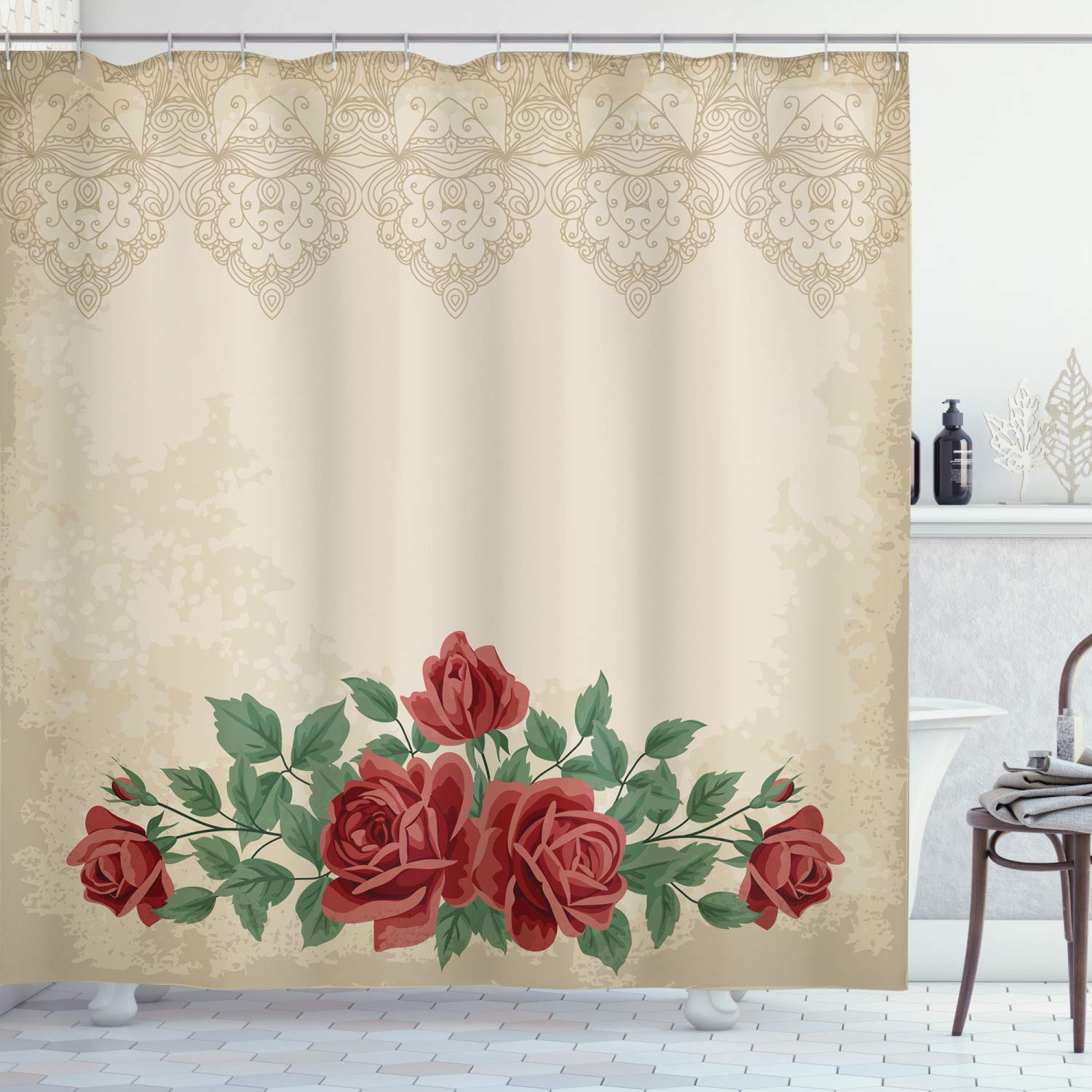 ABAKUHAUS Shabby Flora Shower Curtain, Vintage Glamour Background Red Rose Love and Attraction Delicacy, Cloth Fabric Bathroom Decor Set with Hooks, 175 x 240 cm, Beige Green