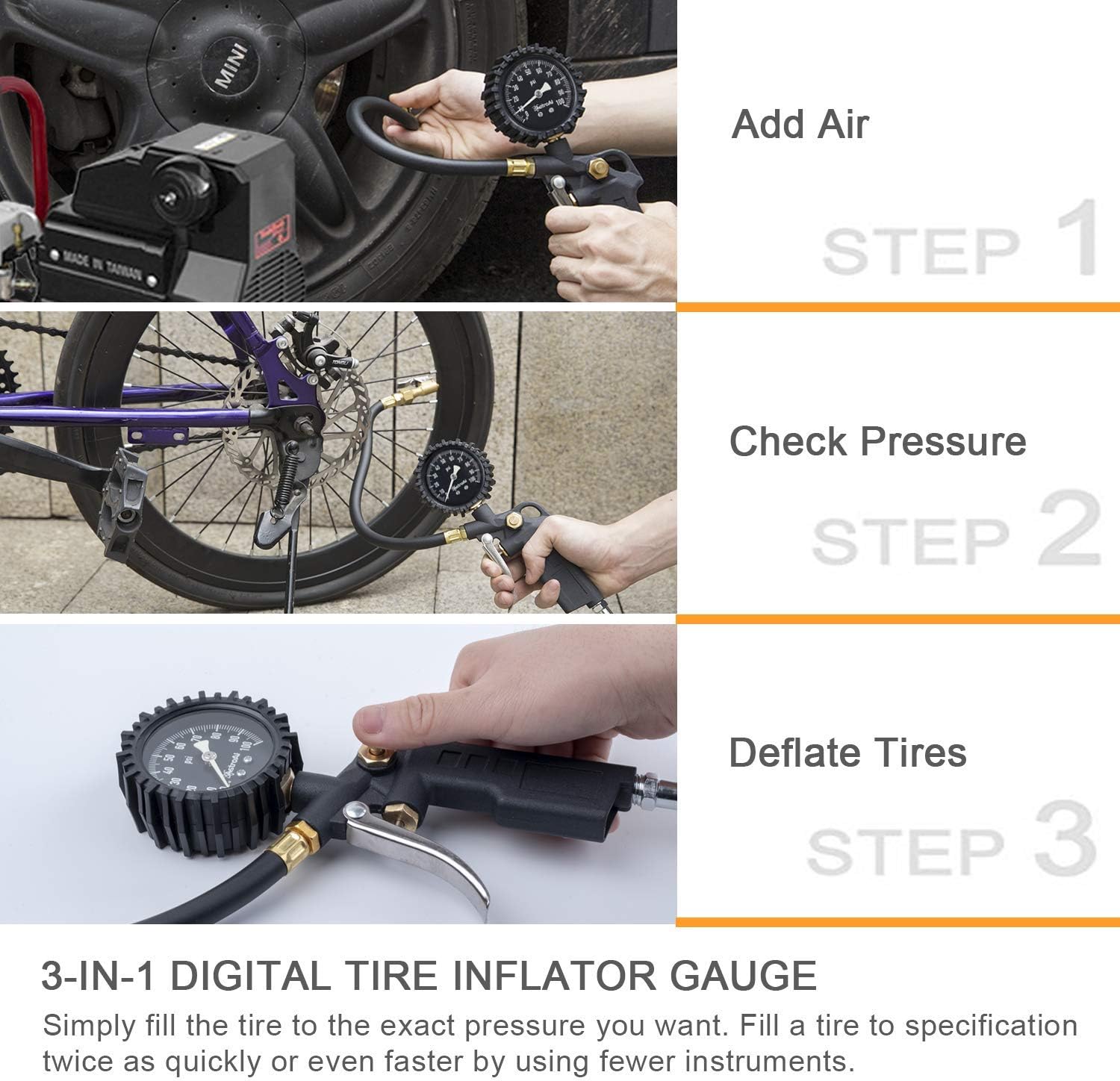 AstroAI Tire Inflator with Pressure Gauge, 100 PSI Air Chuck and Compressor Accessories Heavy Duty with Large 2.5" Easy Read Glow Dial, Durable Rubber Hose and Quick Connect Coupler: Automotive