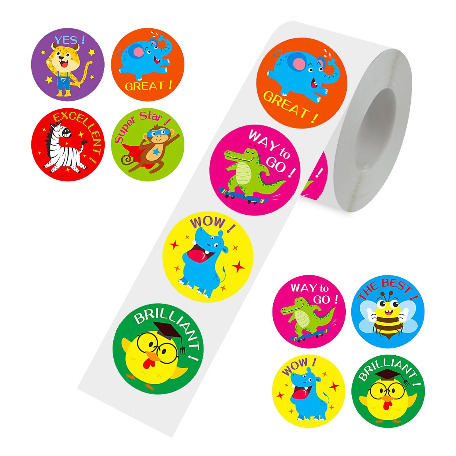 Photo 1 of 1.5" Animal Reward Stickers for Kids, 500Pcs Cute Animal Incentives Stickers Roll 8 Designs,Large Cartoon Animal Stickers,Great,Super Star,Way to Go,Wow,Encouragement Stickers Roll