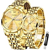 OLEVS Valentines Couple Pair Quartz Watches Luminous Calendar Date Window 3ATM Waterproof, Casual Stainless Steel His and Hers Wristwatch for Men Women Lovers Wedding Romantic Gifts Set of 2