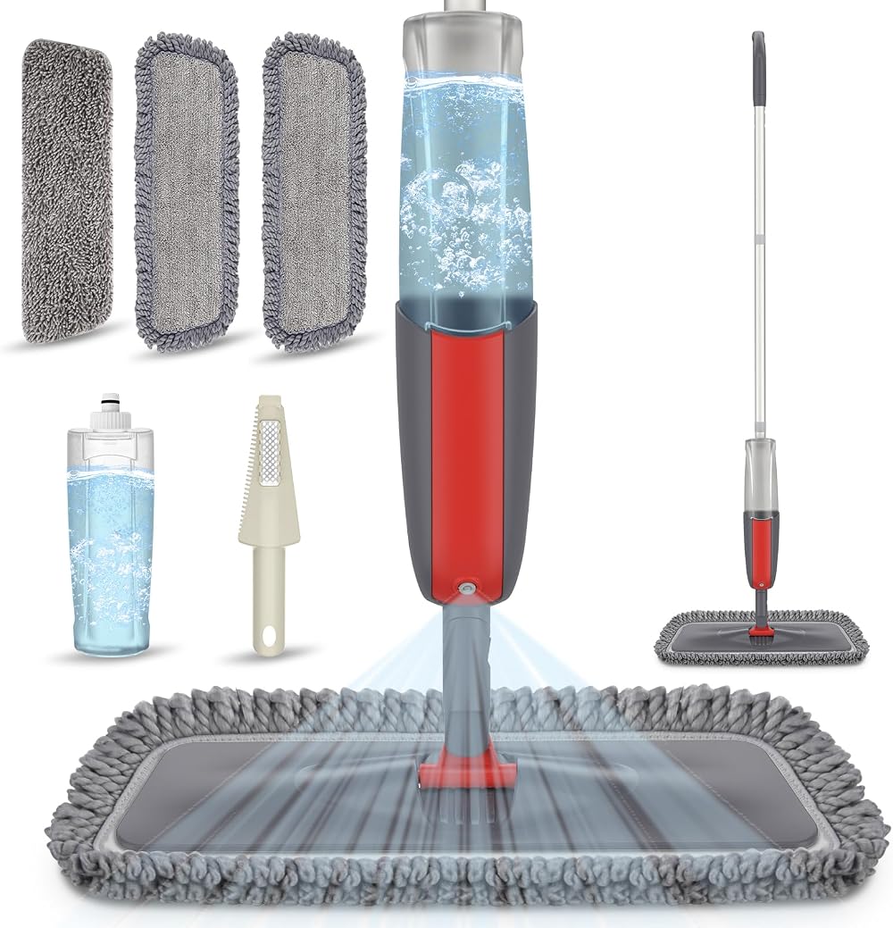 MEXERRIS Spray Mop Floor Flat Mop with 3 Reusable Pads & 410ml Bottle