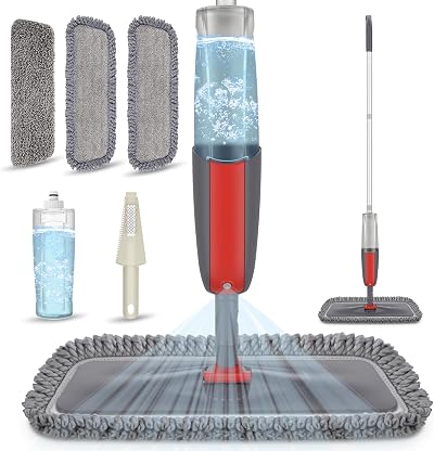 MEXERRIS Spray Mop Floor Flat Mop with 3 Reusable Pads & 410ml Bottle