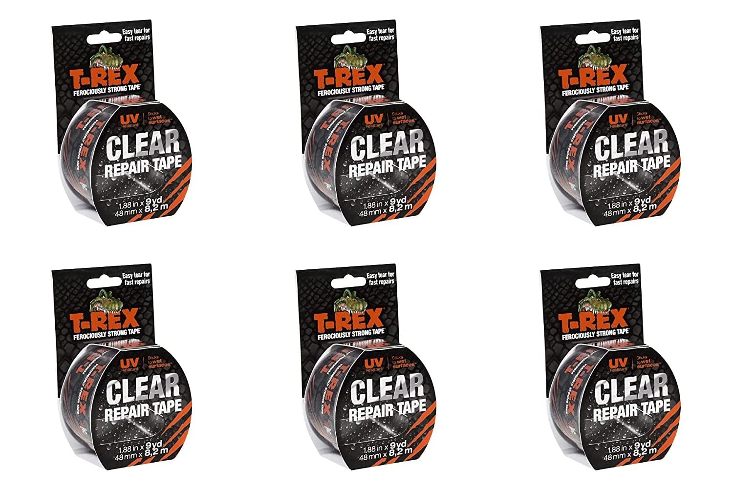 T-REX Tape Ferociously Strong Clear Repair Tape, 48mm x 8.2m, Pack of 6