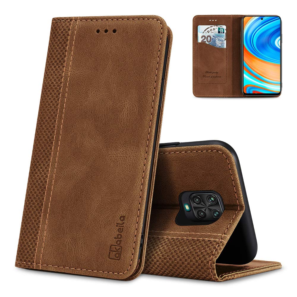 AKABEILA Case for Xiaomi Redmi Note 9 Pro PU Leather Flip Wallet Case with Magnetic Closure Kickstand Card Slots Folio Phone Case Cover Shockproof Light Brown