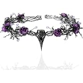 CoTeeZa Medieval Raven Skull Fairy Elf Crown Fantasy Rose Viking Circlet | Black Purple Branches Fairy Headpiece for Renaissance Halloween Cosplay, Witch Dark Forest Wedding