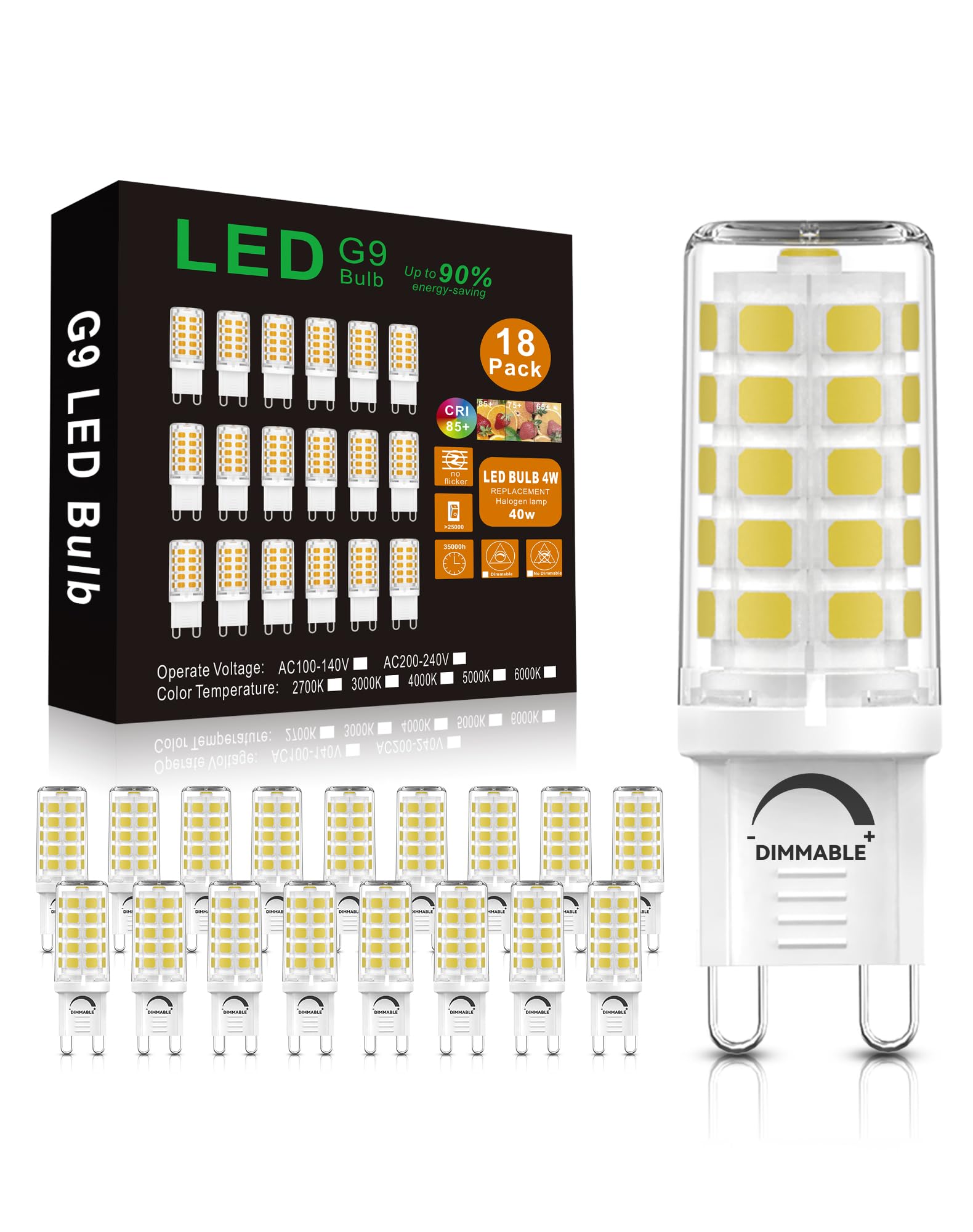 GOHDLAMP G9 LED Bulbs Dimmable, 40W Equivalent 120V, 6000K Dayliht White, 400 Lumens, G9 Light Bulbs for Chandelier, 18 Pack Image