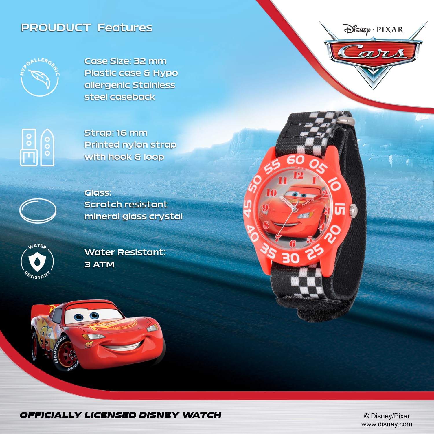 Disney Pixar Cars Lightning McQueen Watch for Kids 3-5, Boys, Toddlers – Analog Cars Watch with White Bezel, 3D Yellow Plastic Strap – Lightning McQueen Watches for Boys, Fun & Colorful Design