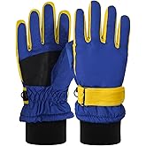 Aywyl Kids Children Ski Gloves Waterproof Winter Warm Gloves for Snowboarding (Blue Ye, 9-12 Years Old)