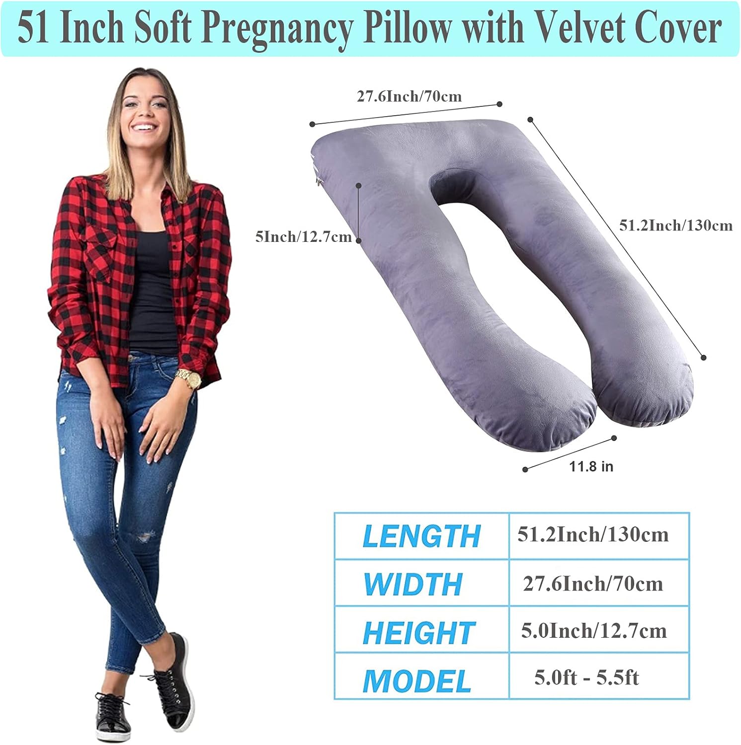 Pregnancy Pillow, U-Shaped 52" Full Body Maternity Pillow for Pregnancy Women Sleeping with Washable Velvet Outer Cover - Support for Back, Hips, Legs, Belly (Grey): Kitchen & Dining