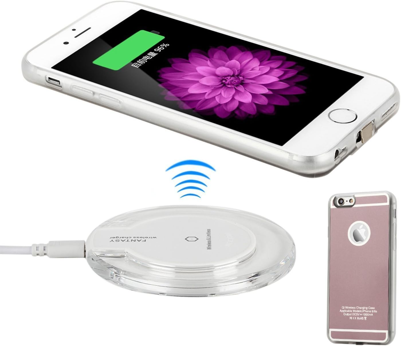 Antye Qi Wireless Charger Kit for iPhone 6 / 6S, Including Flexible Lightning Connector Wireless Charging Case and Qi Charging Pad, Rose Gold-White