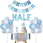 1/2 Birthday Boy Half Birthday Decorations – Blue Party Supplies with Banner, Hat, Cake Topper, and Balloons for 6 Months Baby