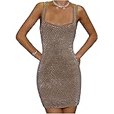 SweatyRocks Women's Rhinestone Spaghetti Strap Mini Dress Sexy Open Back Square Neck Party Dresses