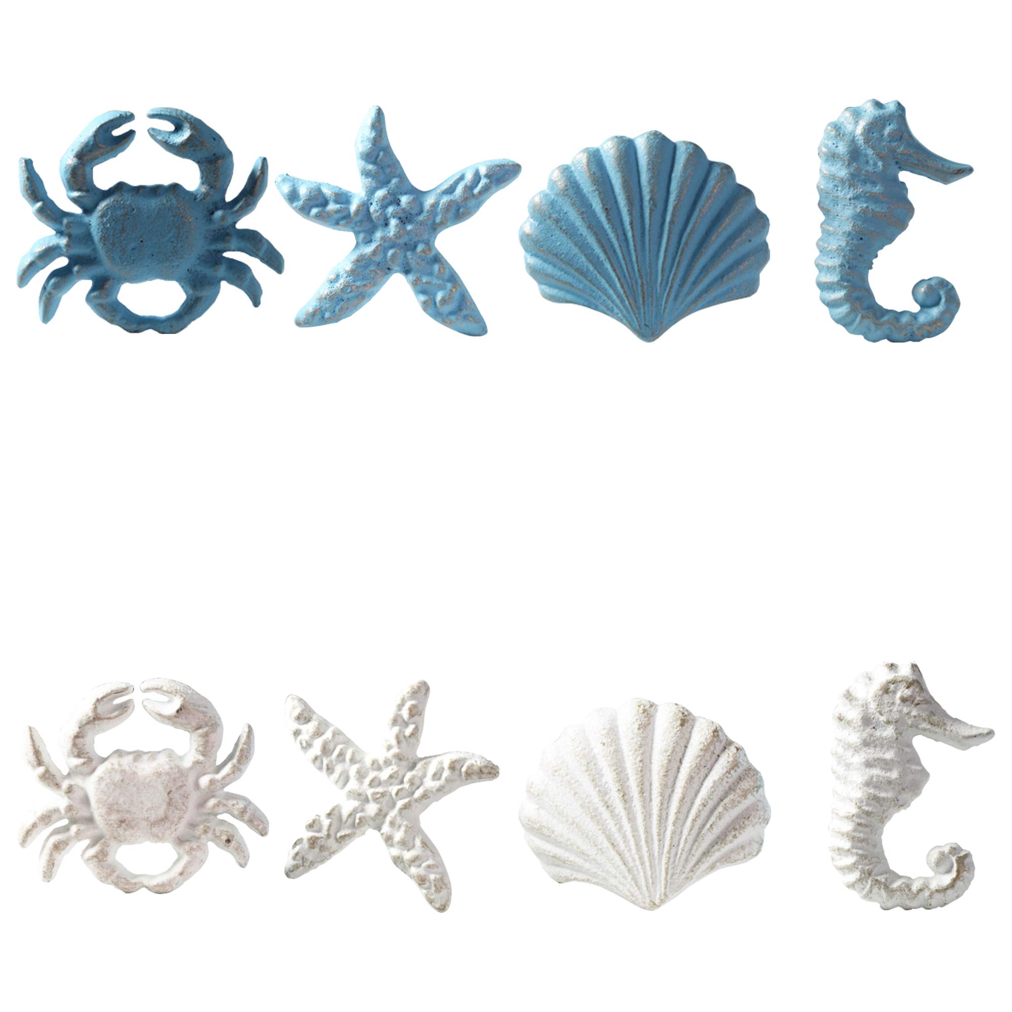 MechWares – Cast Iron Nautical Drawer Pulls – Marine Style Door Knobs for Dresser Drawer | Kitchen Cupboard | Wardrobe | Door | Vanity Unit – Shell | Crab | Seahorse | Starfish (8, Blue+White)