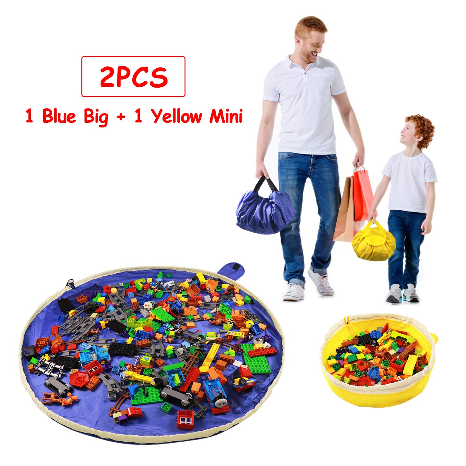 SUMBABO Toy Storage Mat Bag - Play Mat Bag and Toy Organizer Storage Bag by Drawstring for Toy Bricks - Toy Storage Container for Kid with Cap Like Travel Bag as Gift 2Pcs=1Big+1Mini