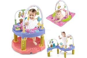 HONEY JOY Baby Bouncer Activity Center, 3-Stage Bouncing Activity Saucer & Playtime Mat & Activity Table, Toy-Bar, 3 Adjustable Heights, Foldable Activity Center for Infants & Toddlers(Pink)