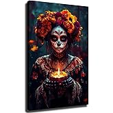 Day of The Dead Wall Art, Sugar Skull Woman Wall Decor, Mexican Skull Painting Wall Art, Dia De Los Muertos Artwork for Living Room Ready To Hang (Wrapped Canvas,28×40 inch)