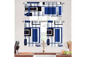MCALK Navy Blue Kitchen Curtains Tiers and Valances Set 3 Piece for Windows Grey and Black Kitchen Window Curtains Set,Geometric Modern Art Valances for Living Room(36" Tiers Set)