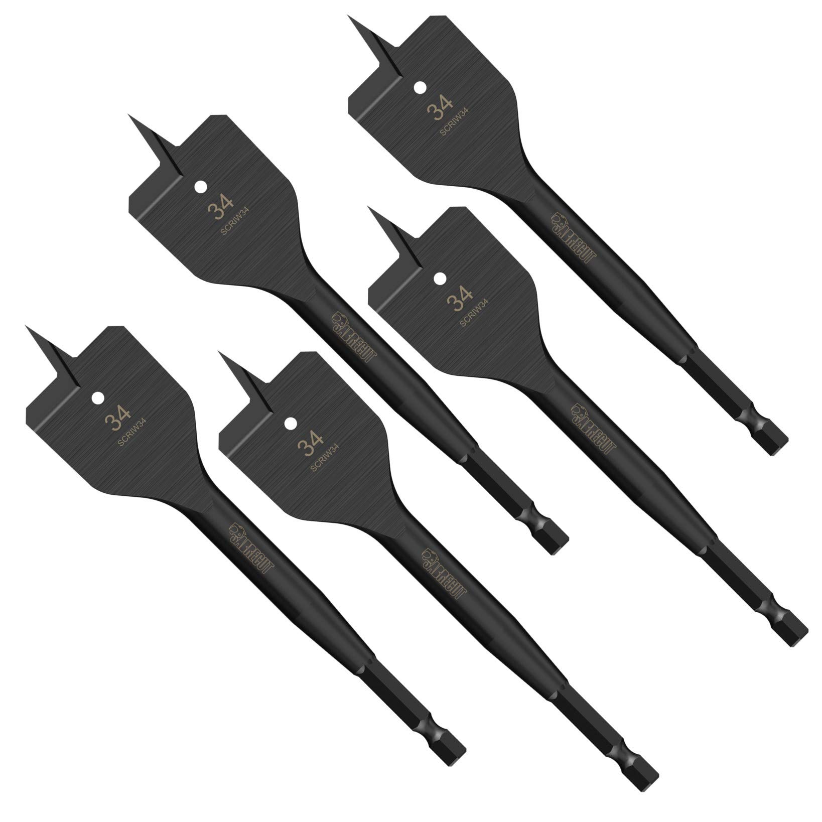5 x SabreCut SCRIW34_5 34mm x 152mm Impact Rated Flat Wood Spade Bits for Softwood Hardwood Chipboard