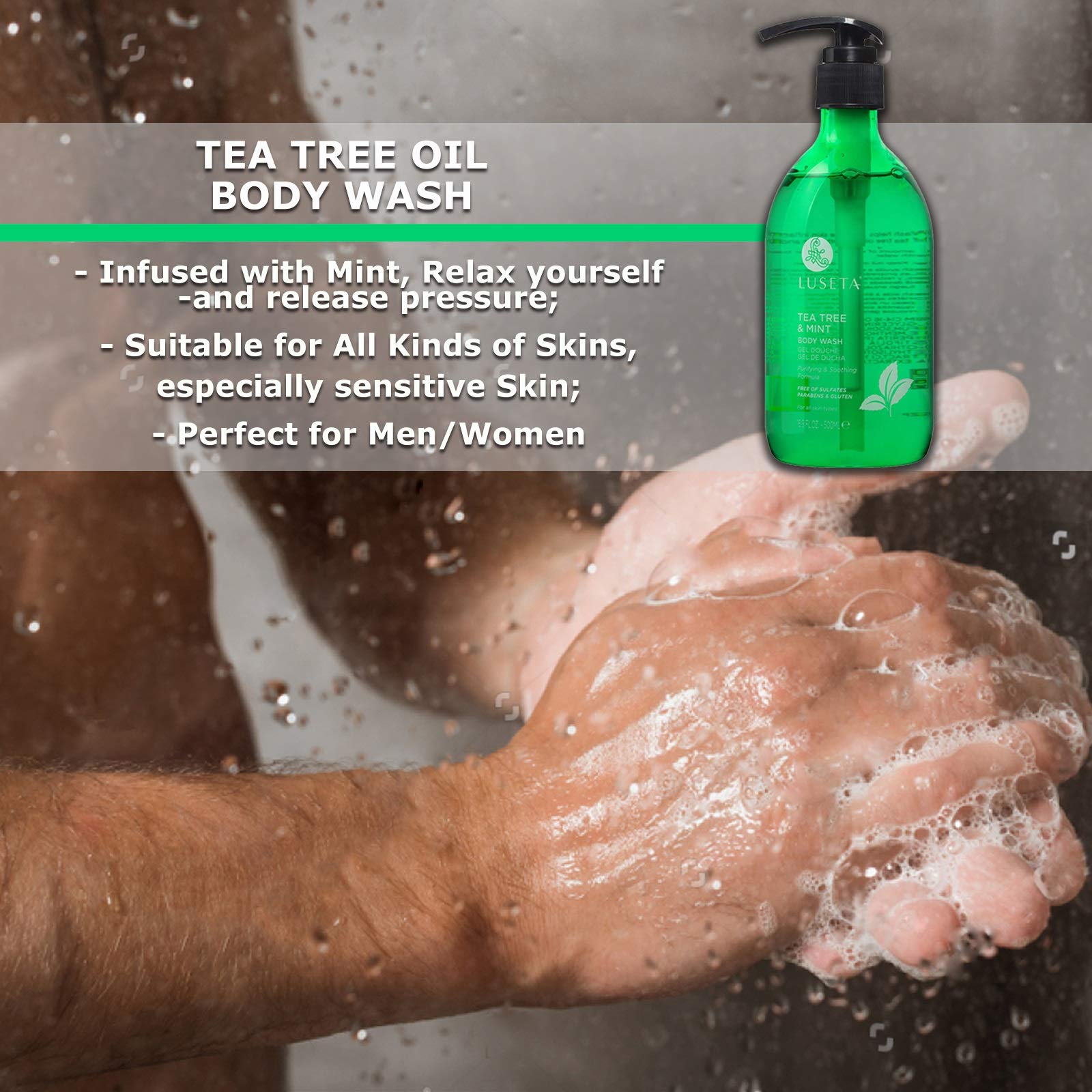 Luseta Tea Tree Oil Body Wash with Mint, Sulfate free, Helps Body Odor, Athlete's Foot, Jock Itch, Ringworm, Yeast Infections, Skin Irritations, Shower Gel for Women/Men 16.9oz