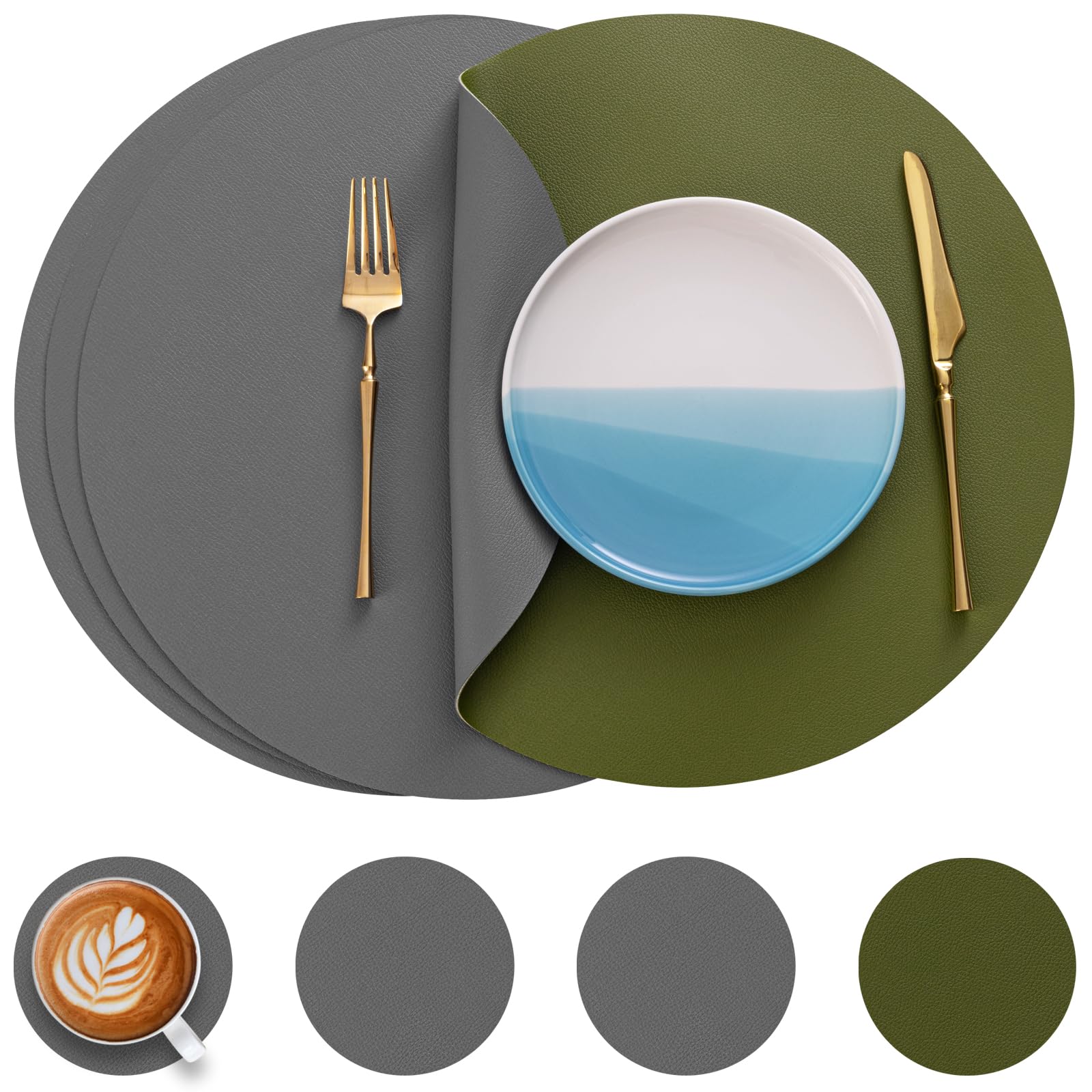 Myir JUN Round Table Placemats Set of 4 Faux Leather Place Mats and Coasters 15 inch Round Dual Sided Placemats Non-Slip Wipe Clean Stain Resistant (Gray Green,Set of 4)