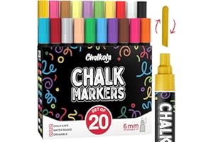 Chalkola 20 Liquid Chalk Markers for Blackboard (6mm Reversible Tip - Neon, Pastel, Metallic Dry Erase Marker) | Washable Cha