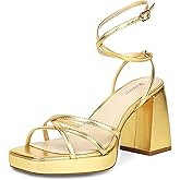 Reitoye Strappy Platform Heels for Women Ankle Strap Chunky Block Heel Square Open Toe Heeled Sandals for Party Wedding Prom Dress