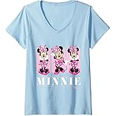 Womens Mickey & Friends - Minnie Mouse Pink Grid V-Neck T-Shirt