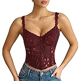 LEACOOLKEY Lace Corset Top for Women Sexy Sheer Floral Bustier Going Out Lace-up Bralette Club Party Concert Crop Top