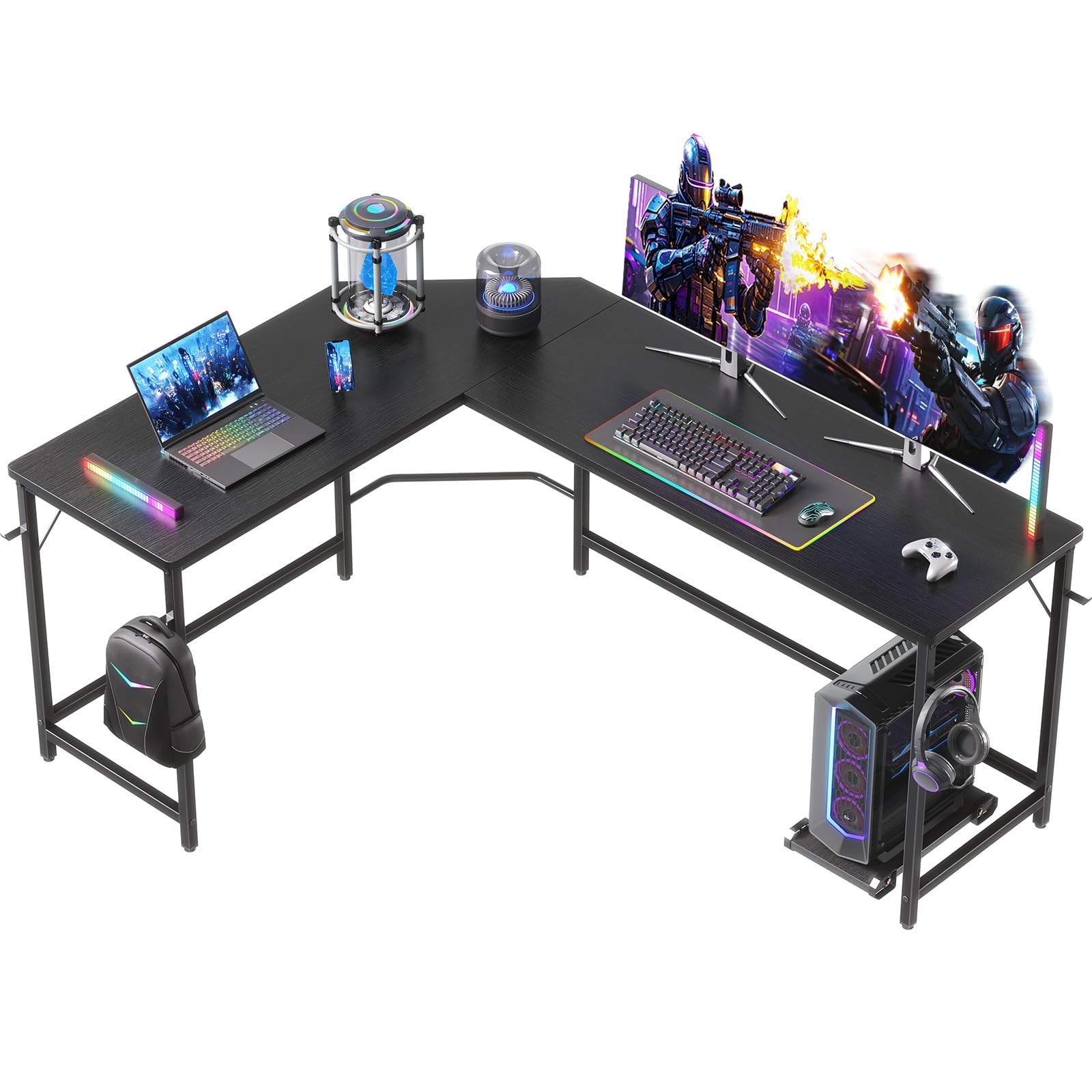 DUMOS 66" Gaming Desk, L Shaped Corner Computer Desk, Larger Gaming Desk Workstation with Iron Hook, CPU Stand for Study Home Office Gaming Room Black Image