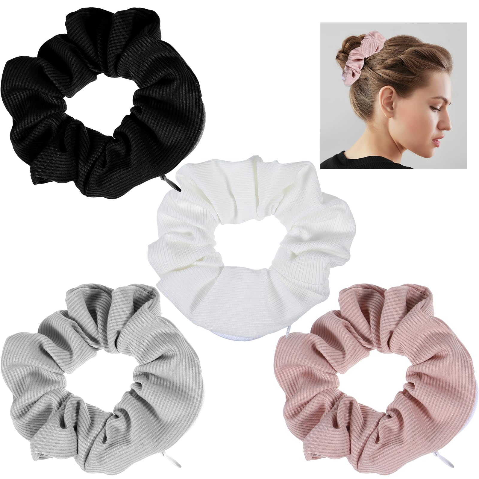 Nogeqi 4 PCS Stash Scrunchie with Zip Pocket, Large Hair Ties Hair Scrunchies for Hair with Hidden Pocket Storage Hidden Pocket Scrunchie for Women Girls (Multi Colors)