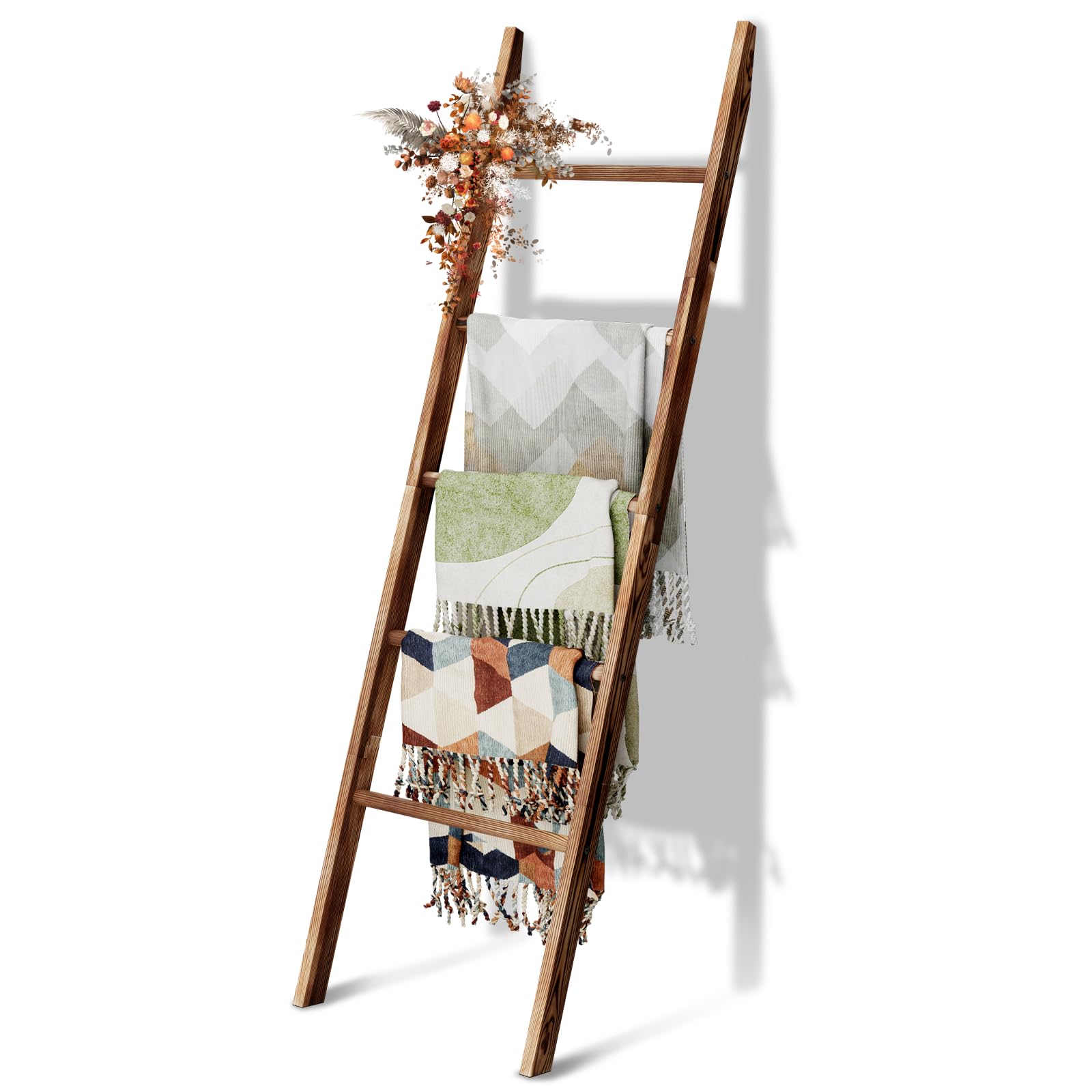 Photo 1 of 5-Tier Blanket Ladder Wooden, 5.3FT(63'') Blanket Quilt Holder Rack Decorative Ladders, Easy Assembly, Rustic Farmhouse Ladder Shelf for The Living Room Bedroom Bathroom Home Decor, Brown