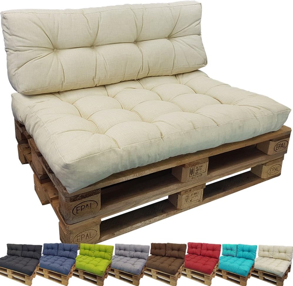 PROHEIM Euro-pallet cushion Tino Lounge for Indoor/Outdoor - Pallet Furniture Cushion - 1 Seat cushion 120 x 80 x 15 cm + 1 Long back cushion 120 x 40 x 10-20 cm, Colour:Ecru