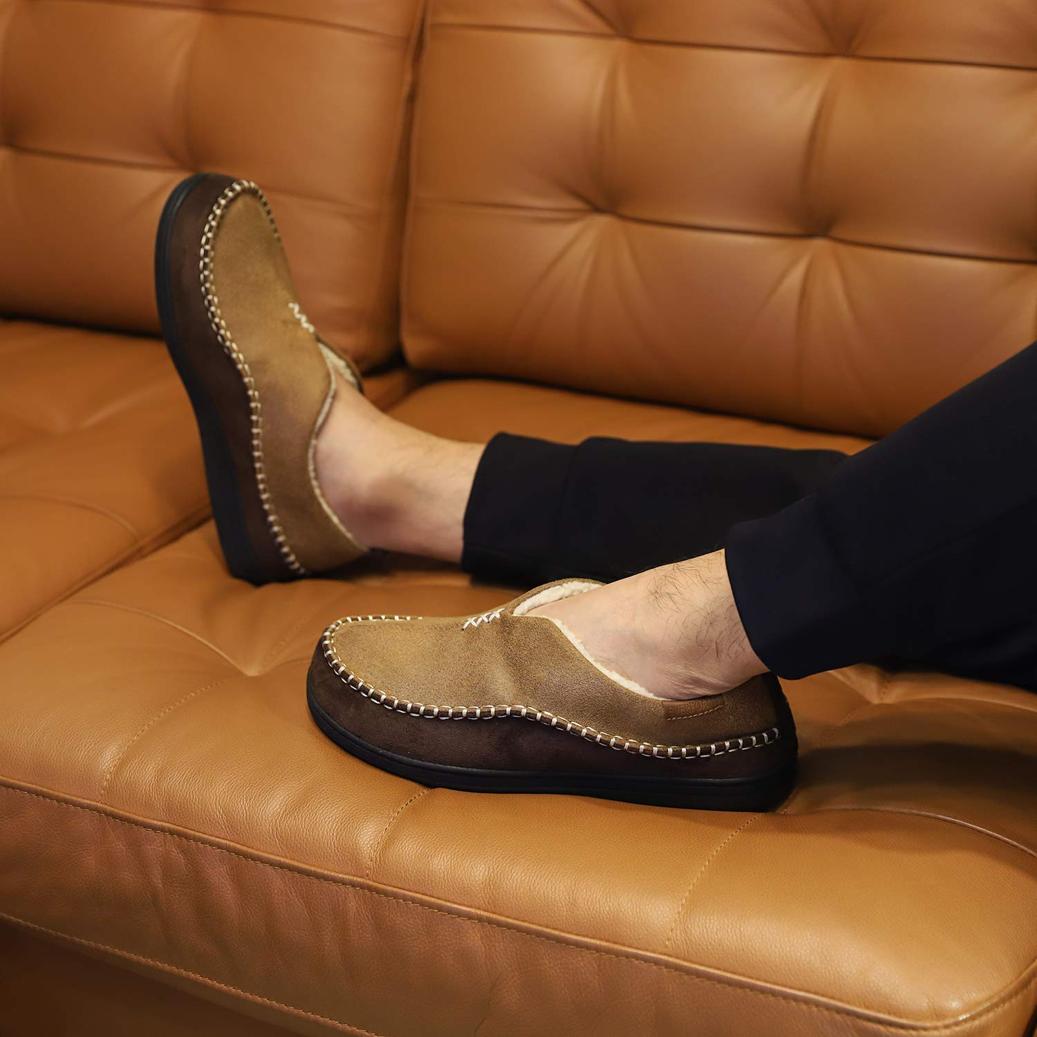 everfoams men's suede memory foam moccasin slippers with fuzzy sherpa lining