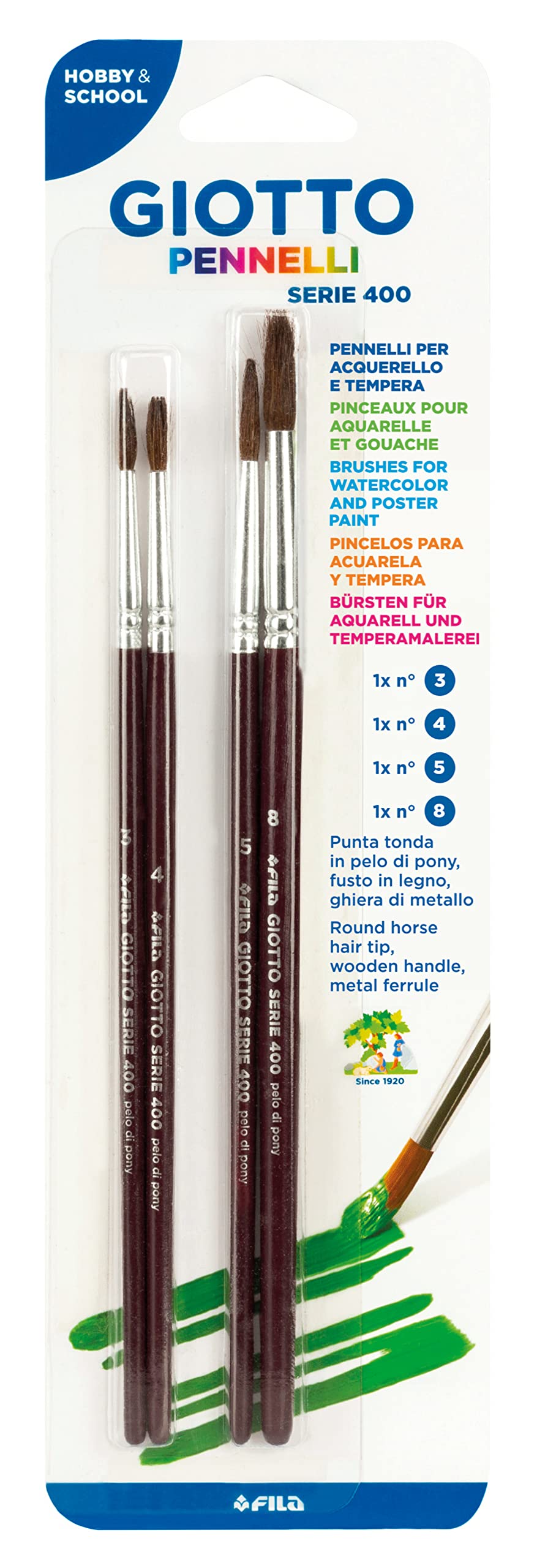 GIOTTO Pennelli Brushes Serie 400, Watercolour & Poster Painting, N.3, 4, 8, 5, 4 Pieces, For Children and Schools