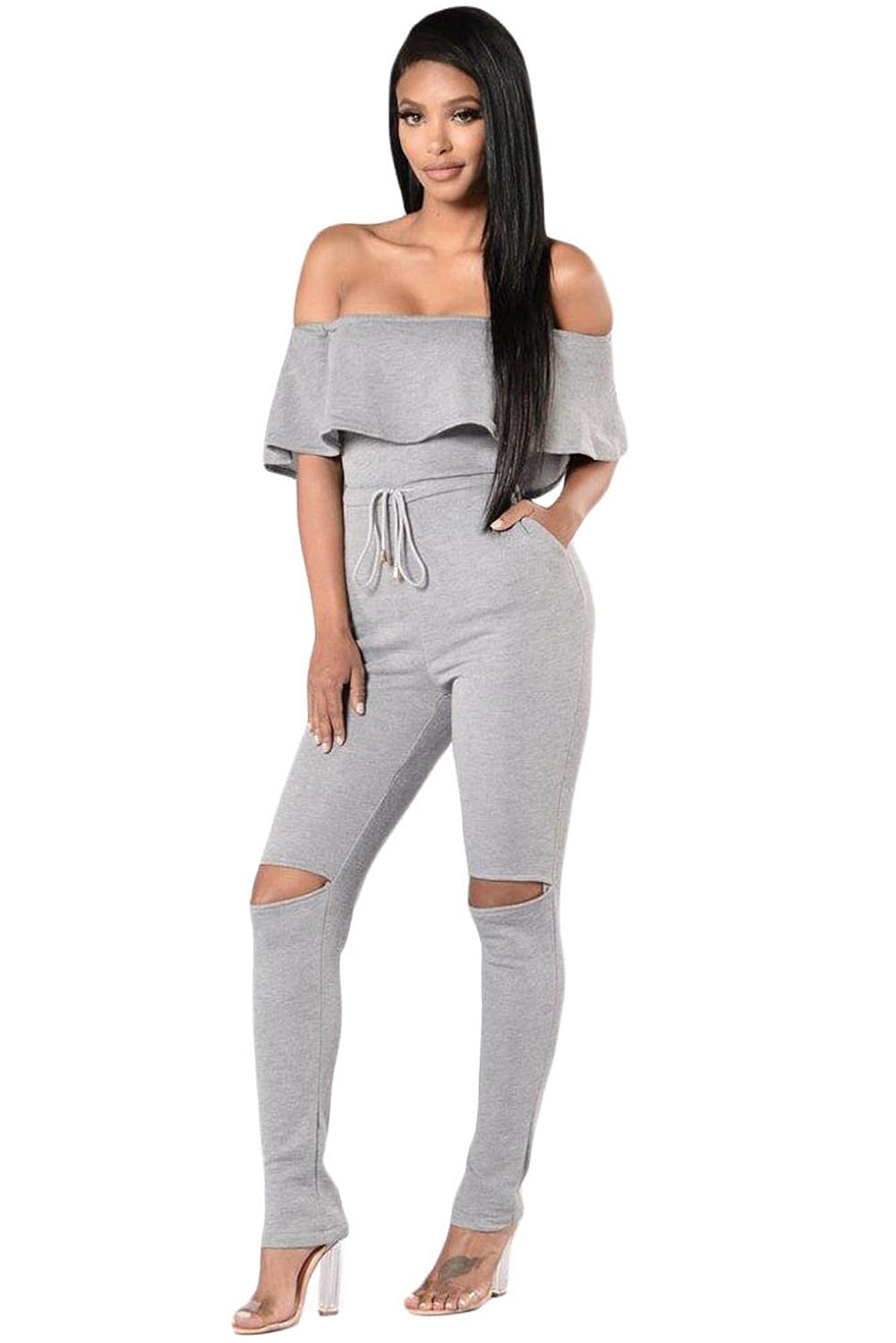 off the shoulder fitted jumpsuit