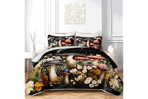 HOSIMA Mushroom King Quilt Bedding Set,Different Colorful Patterns Lightweight Quilt,Natural Flowers Print Mushroom Bedding Set for Aesthetic Bedroom Decor with 2 Pillowcases.
