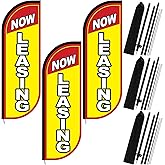 SmoothNovelty 3 Set Now Leasing Feather Flag Pole Kit Now Leasing Advertising Flags Now Leasing Flags with Pole and Ground Stake Real Estate Advertising Swooper Flag for Business Advertisement, Yellow